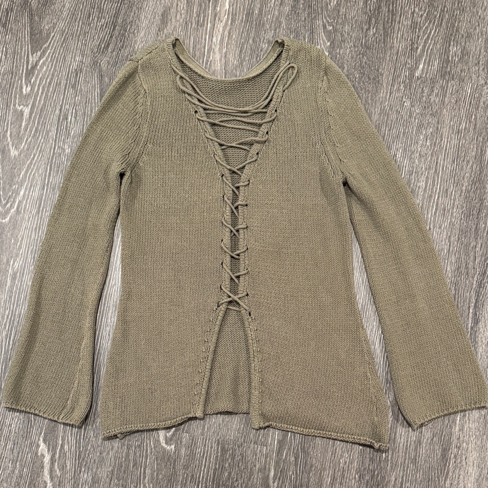 Olive V-cut Lace-Up Sweater